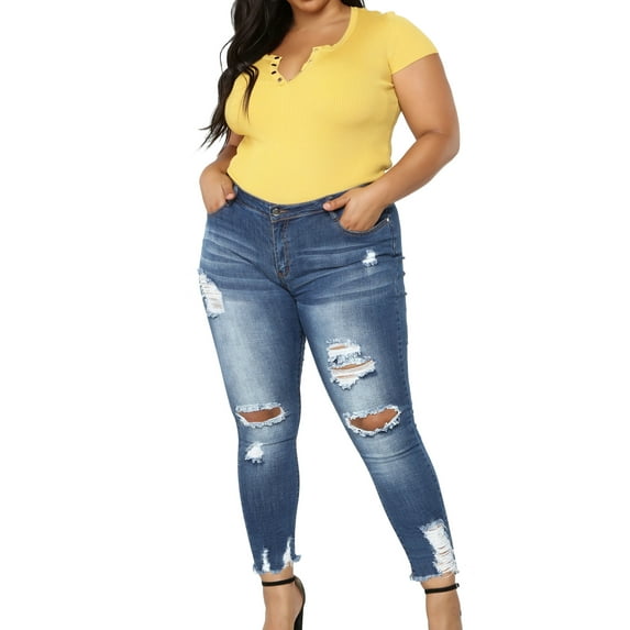 DYMADE Womens Plus Size Solid Color Slim Fit Hole Bagi Curve Destructed Ripped Jeans