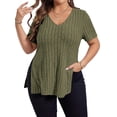 thumbnail image 1 of DYMADE Womens Plus Size Tops Solid Spliced V-Neck Short Sleeve Basic T-Shirt, 1 of 4