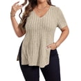 thumbnail image 1 of DYMADE Womens Plus Size Tops Solid Spliced V-Neck Short Sleeve Basic T-Shirt, 1 of 4