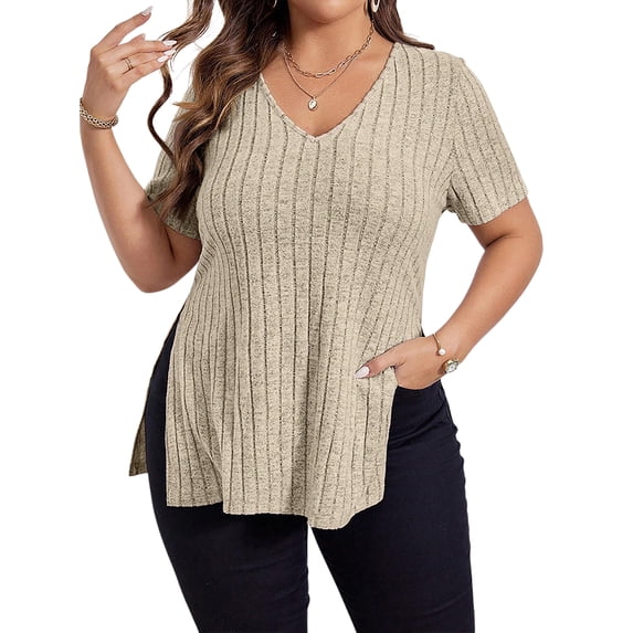 DYMADE Womens Plus Size Tops Solid Spliced V-Neck Short Sleeve Basic T-Shirt