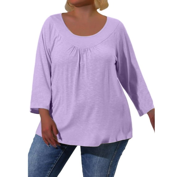 DYMADE Womens Round Neck Long Sleeve Solid Color Pleated Basic T-Shirt Blouses Plus Size