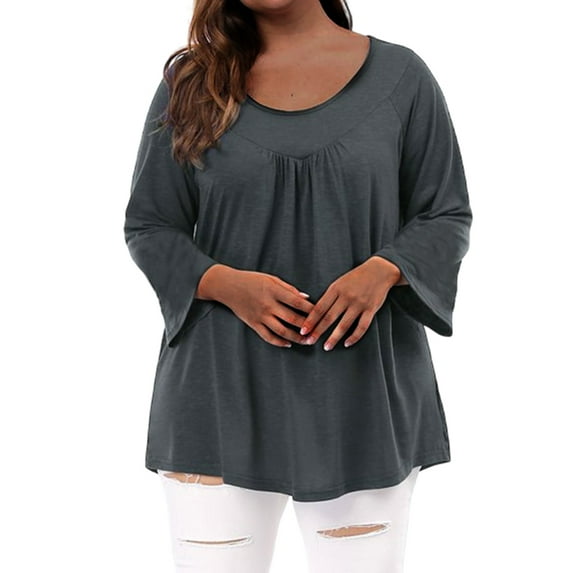 DYMADE Womens Round Neck Long Sleeve Solid Color Pleated Basic T-Shirt Blouses Plus Size