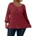 thumbnail image 1 of DYMADE Womens Round Neck Long Sleeve Solid Color Pleated Basic T-Shirt Blouses Plus Size, 1 of 3