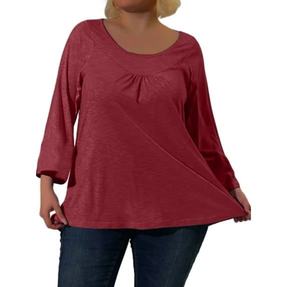 DYMADE Womens Round Neck Long Sleeve Solid Color Pleated Basic T-Shirt Blouses Plus Size
