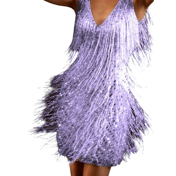 DYMADE Womens Sequins Cocktail Dance Mini Dress Vintage Swing Fringe Flapper Dress