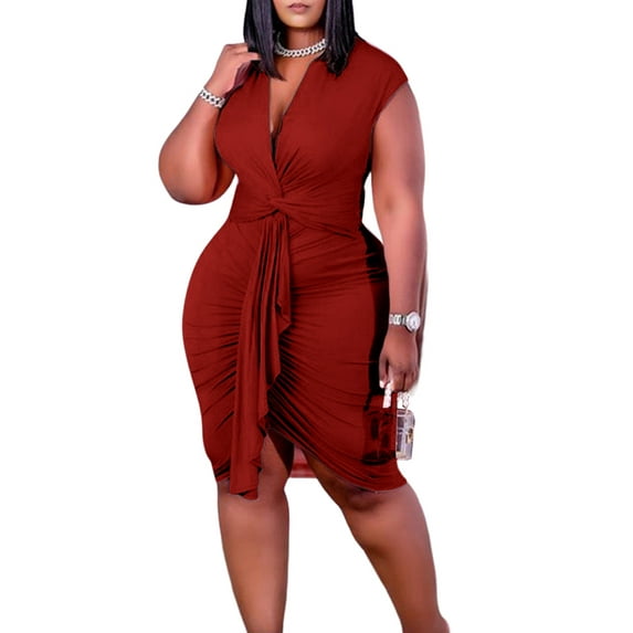 DYMADE Womens Sexy Sleeveless V-Neck Elastic Waist Belted Slim Fit Bodycon Dress Plus Size