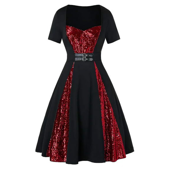 DYMADE Womens Short Sleeve Colorblock Sequins Halloween Gothic Swing Dress