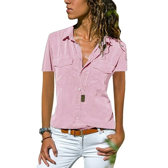 DYMADE Womens Short Sleeve Shirts Lapel V Neck Button Down Blouse Tops