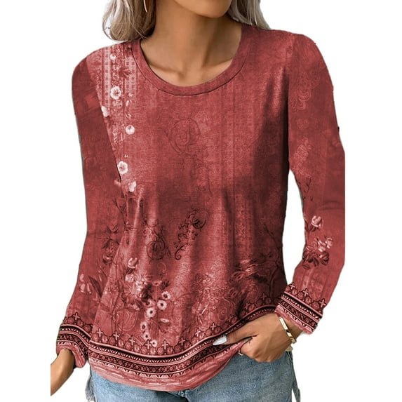 DYMADE Womens Spring Autumn Floral Print Casual Round Neck Long Sleeve Basic T-Shirt Blouses Tops