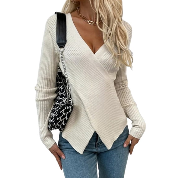 DYMADE Womens Spring Long Sleeve V-Neck Solid Spliced Cross Irregular Slim Fit Sexy Knitted Pullover Sweater