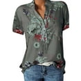 thumbnail image 1 of DYMADE Womens Stand-Up Collar V-Neck Short Sleeve Loose Fit Summer Floral Print Basic Blouses Plus Size S-5XL, 1 of 4