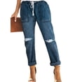 thumbnail image 1 of DYMADE Womens Street Style Cowboy Mid Waist Pockets Straight Fit Demin Abrasions Jeans, 1 of 3