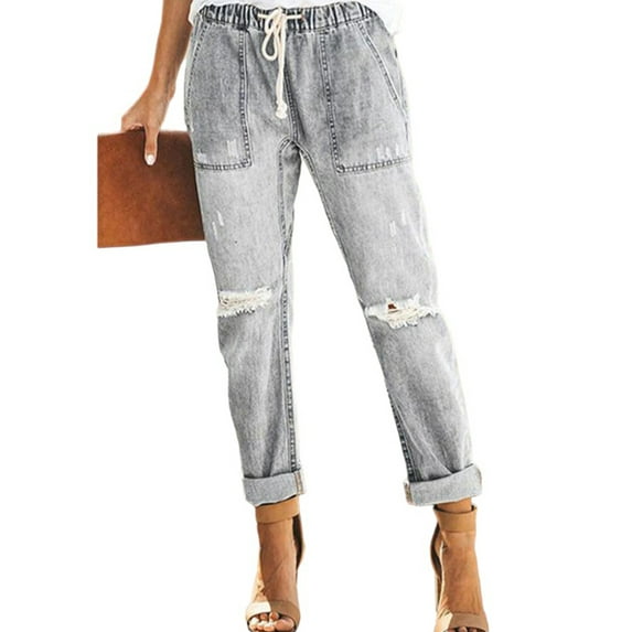 DYMADE Womens Street Style Cowboy Mid Waist Pockets Straight Fit Demin Abrasions Jeans