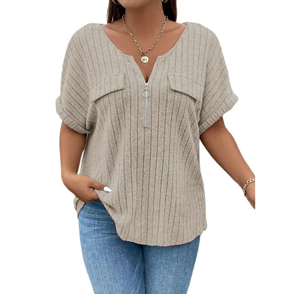 DYMADE Womens Summer 1/2 Zip Round Neck Short Sleeve Basic T-Shirt Plus size