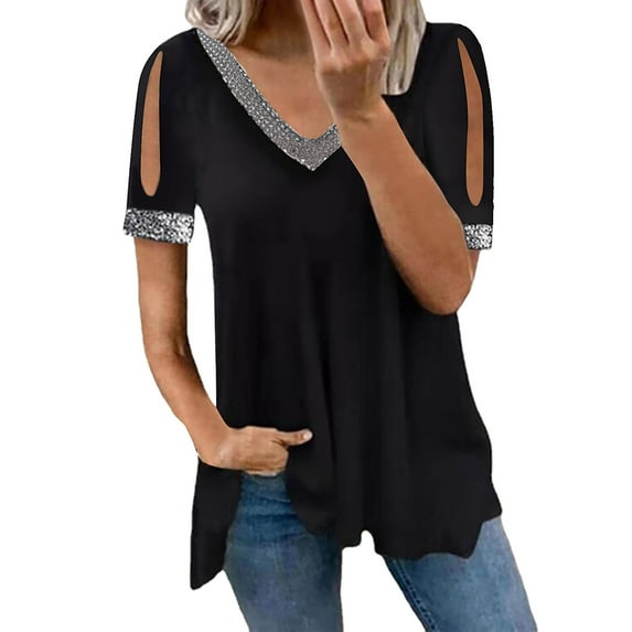 DYMADE Womens Summer Basic Sequin Short Sleeve Cold Shoulder Tunic Tops T-Shirt