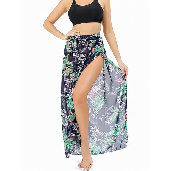 DYMADE Womens Summer Beach Bikini Sunscreen Printing Sheer Chiffon Lace-Up Swim Dress Cover-ups