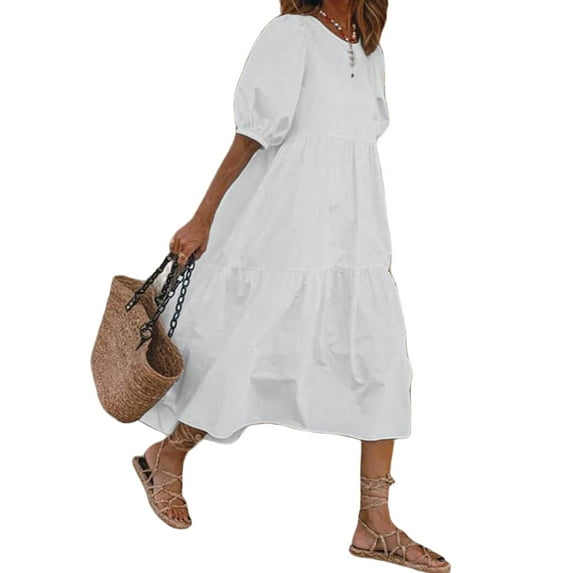 DYMADE Womens Summer Bohemia Breathable Beach Style Half Sleeve Round Neck Loose A-Line Drsses