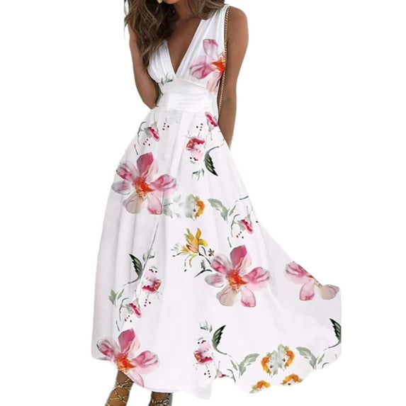 DYMADE Womens Summer Bohemia Breathable Floral Print V-Neck Sleeveless Elegant Sun Drsses