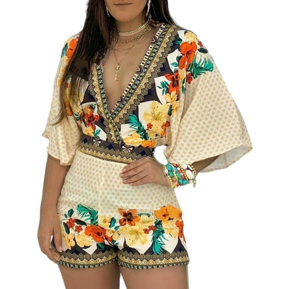 DYMADE Womens Summer Bohemia Printing V-Neck Half Sleeve 1/2 Zip Shorts Jumpsuit Plus Size
