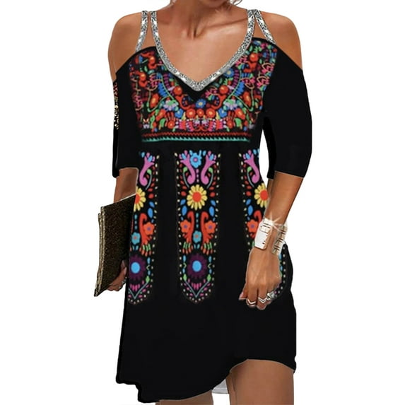 DYMADE Womens Summer Bohemian Floral Pint Short Sleeve Cold Shoulder Tank Dress Sundress