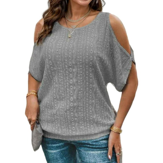 DYMADE Womens Summer Breathable Cold Shoulder Short Sleeve Hollow Out Solid Relaxed Fit Basic T-Shirt Tops