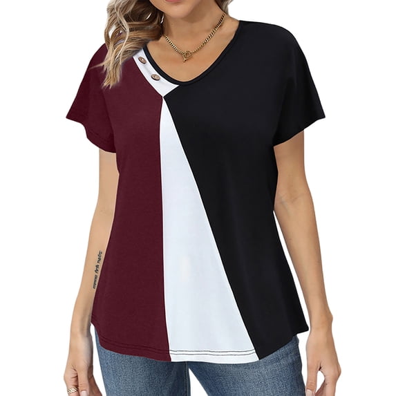DYMADE Womens Summer Breathable Contrasting Colors Short Sleeve V-Neck Basic T-Shirt