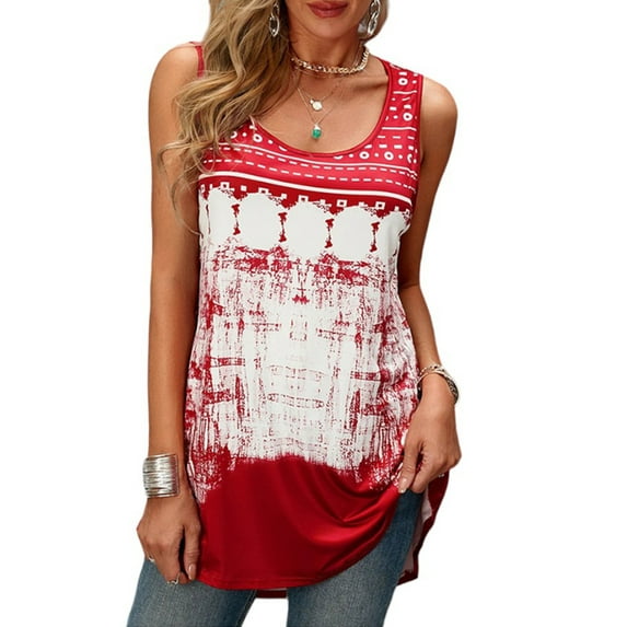 DYMADE Womens Summer Breathable Indie Folk Print Spliced Round Neck Sleeveless Basic Racerback Camisole Tank Tops