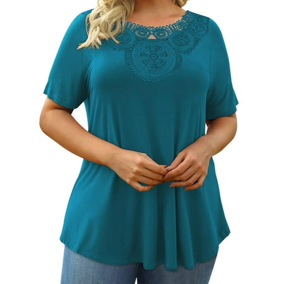 DYMADE Womens Summer Breathable Lace Round Neck Short Sleeve Solid Basic T-Shirt Plus size