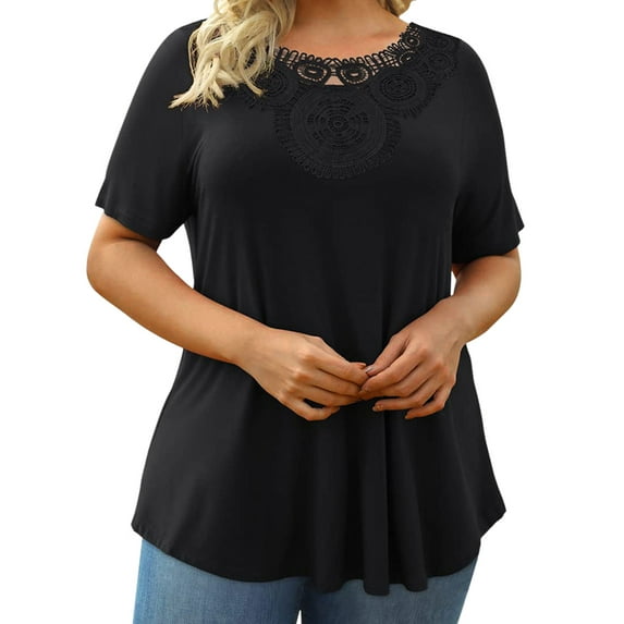 DYMADE Womens Summer Breathable Lace Round Neck Short Sleeve Solid Basic T-Shirt Plus size
