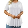 thumbnail image 1 of DYMADE Womens Summer Breathable Lace Round Neck Short Sleeve Solid Basic T-Shirt Plus size, 1 of 3