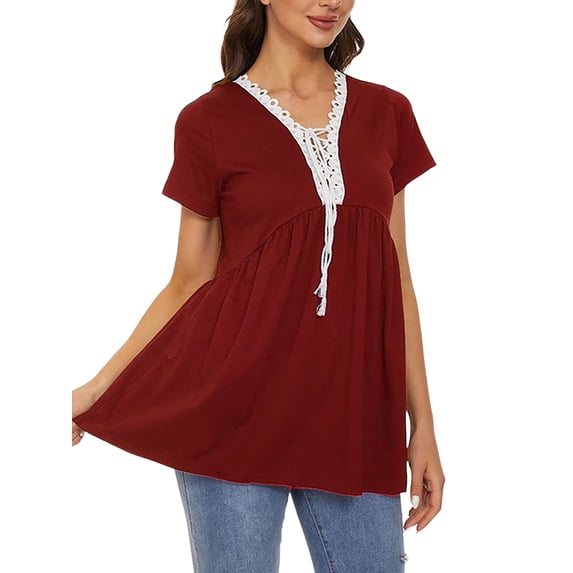 DYMADE Womens Summer Breathable Lace Tie-Front Neckline Short Sleeve Flared Fit Basic T-Shirt Tops