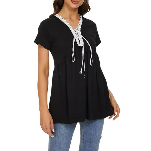DYMADE Womens Summer Breathable Lace Tie-Front Neckline Short Sleeve Flared Fit Basic T-Shirt Tops