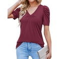 thumbnail image 1 of DYMADE Womens Summer Breathable Short Sleeve Puff Sleeve V-Neck Shirring Solid Basic T-Shirt, 1 of 4