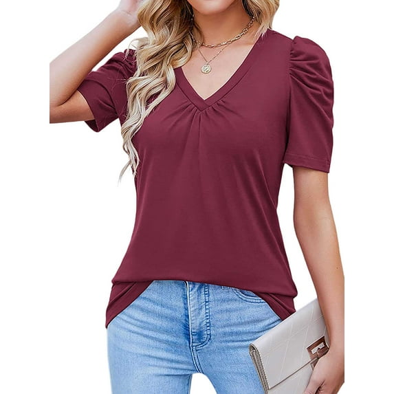 DYMADE Womens Summer Breathable Short Sleeve Puff Sleeve V-Neck Shirring Solid Basic T-Shirt