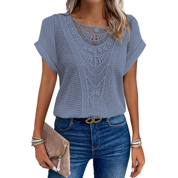 DYMADE Womens Summer Breathable Solid Round Neck Short Sleeve Hollow Out Basic T-Shirt