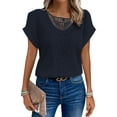 thumbnail image 1 of DYMADE Womens Summer Breathable Solid Round Neck Short Sleeve Hollow Out Basic T-Shirt, 1 of 2