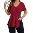 thumbnail image 1 of DYMADE Womens Summer Breathable Solid Spliced Short Sleeve V-Neck Side Split Basic T-Shirt Tops, 1 of 4