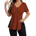 thumbnail image 1 of DYMADE Womens Summer Breathable Solid Spliced Short Sleeve V-Neck Side Split Basic T-Shirt Tops, 1 of 4
