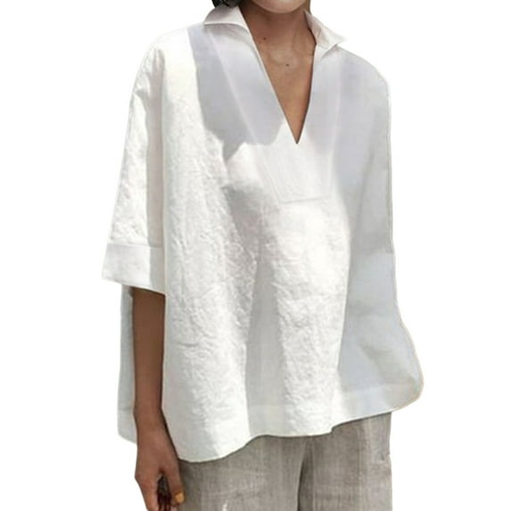 DYMADE Womens Summer Breathable Solid Turn-down Collar Half Sleeve Spliced Basic Blousees