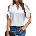 thumbnail image 1 of DYMADE Womens Summer Breathable Solid V-Neck Short Sleeve Cold Shoulder Basic Blousees, 1 of 3