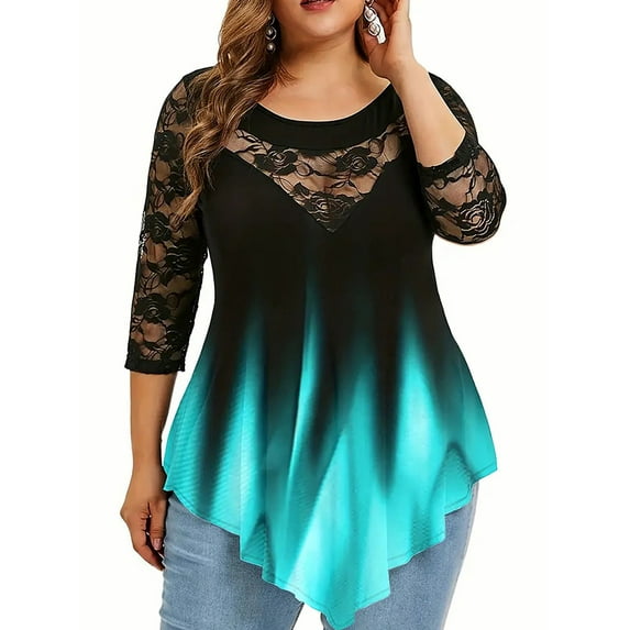 DYMADE Womens Summer Casual Lace Stichting 3/4 Sleeve Round Neck Gradient Print Basic T-Shirts Blouses Plus Size