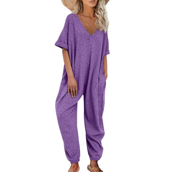 DYMADE Womens Summer Casual V-Neck Short Sleeve Pockets One-Piece Jumpsuit