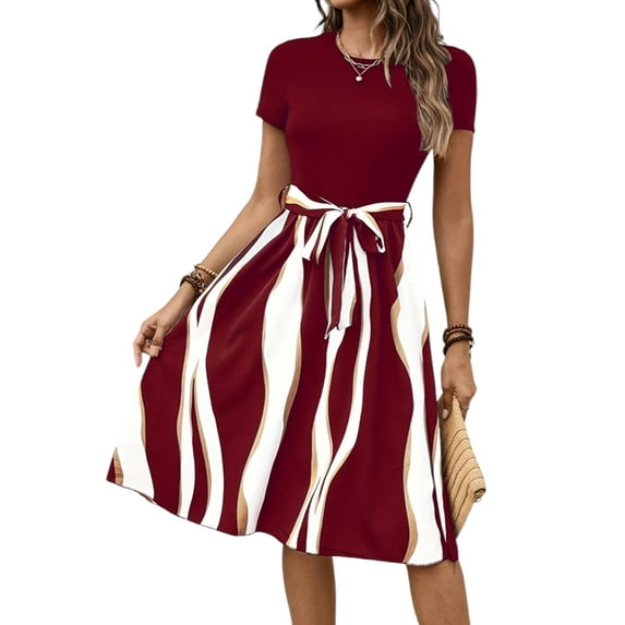 DYMADE Womens Summer Colorblock Round Neck Short Sleeve Belted Fit & Flare Dress