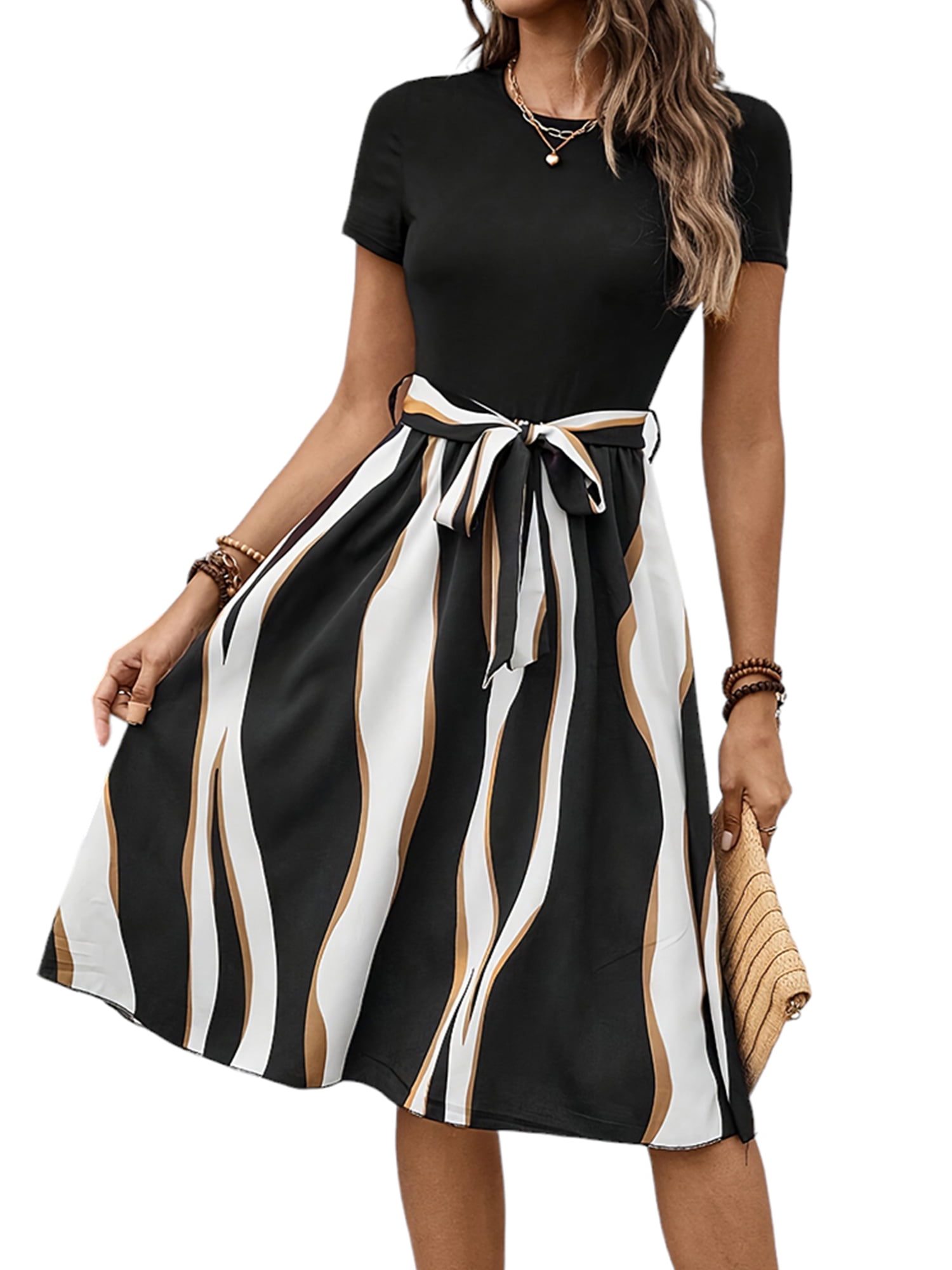 DYMADE Womens Summer Colorblock Round Neck Short Sleeve Belted Fit & Flare  Dress - Walmart.com