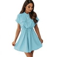 thumbnail image 1 of DYMADE Womens Summer Cotton Solid Round Neck Short Sleeve Button Lace Up Casual A-Line Dress, 1 of 3