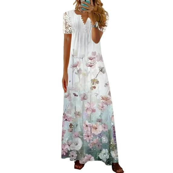 DYMADE Womens Summer Fit & Flare Lace Short Sleeve Round Neck Floral Printed Button Maxi Dresses Plus Size S-5XL
