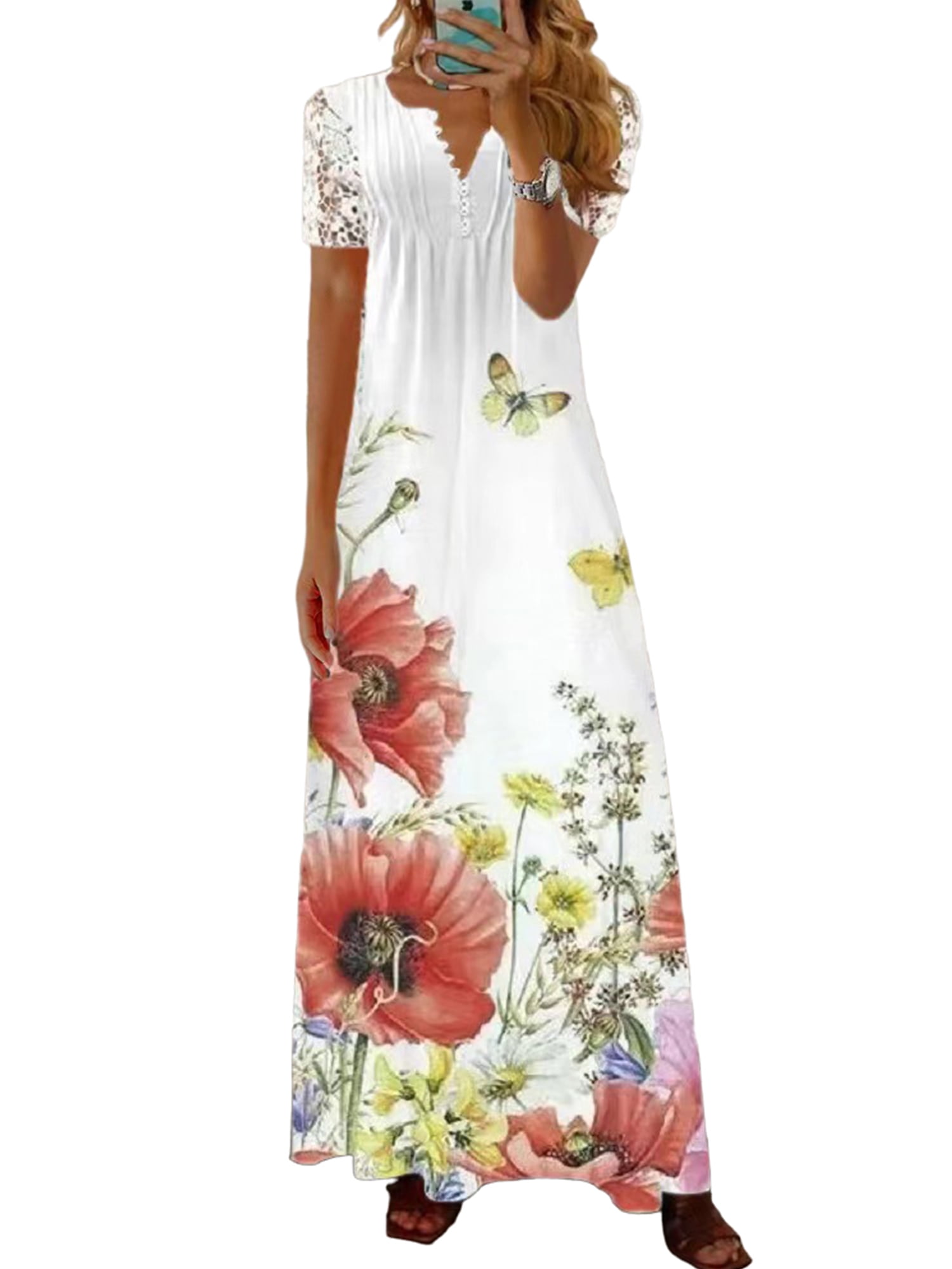 DYMADE Womens Summer Fit & Flare Lace Short Sleeve Round Neck Floral  Printed Button Maxi Dresses Plus Size S-5XL - Walmart.com