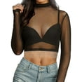thumbnail image 1 of DYMADE Womens Summer Mesh Sexy Sheer Round Neck Long Sleeve Rhinestone Slim Fit Cropped T-Shirt Tops, 1 of 5