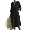 thumbnail image 1 of DYMADE Womens Summer Pleated Pockets 3/4 Sleeve Round Neck Button Fit & Flare Dress, 1 of 2