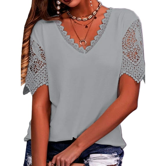 DYMADE Womens Summer Plus Size S-5XL Short Sleeve V-Neck Solid Color Lace Stitching Basic T-Shirts